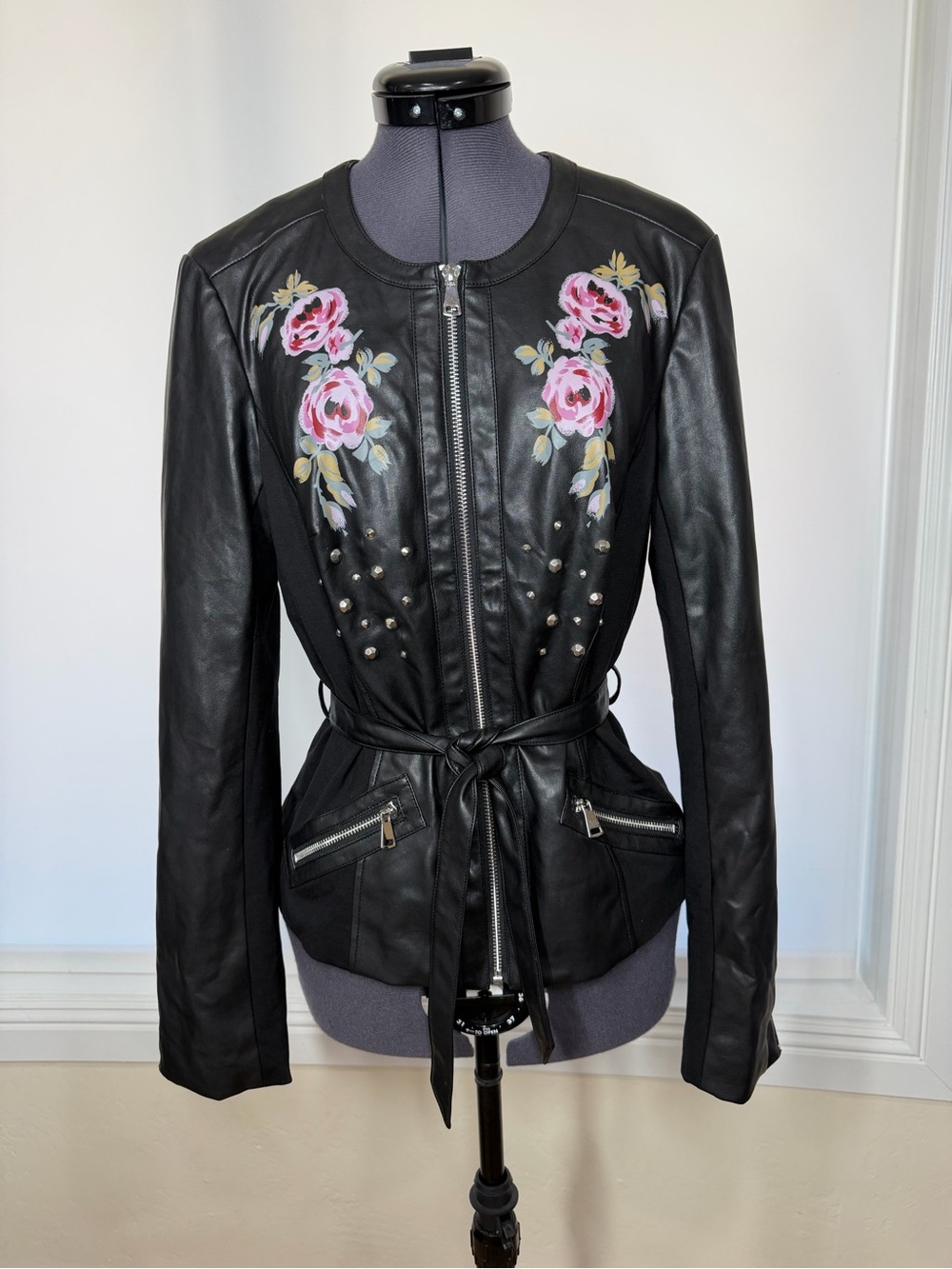 Black Faux Leather Floral-Belted Jacket